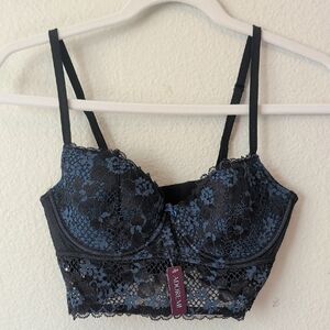 Adore Me Black Bra with Blue Floral Lace Longline